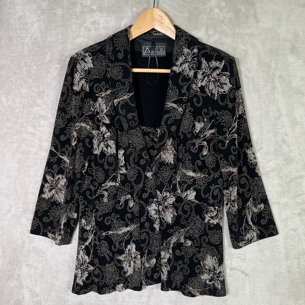 Alex Evenings 2 Piece Set Jacket Tank Womens Small Black Floral Single Button